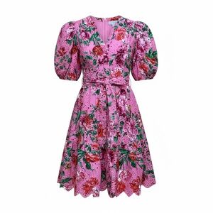 Gibson Latimer Pink Floral Eyelet Dress Small Cotton Puff Sleeve Tiered Midi